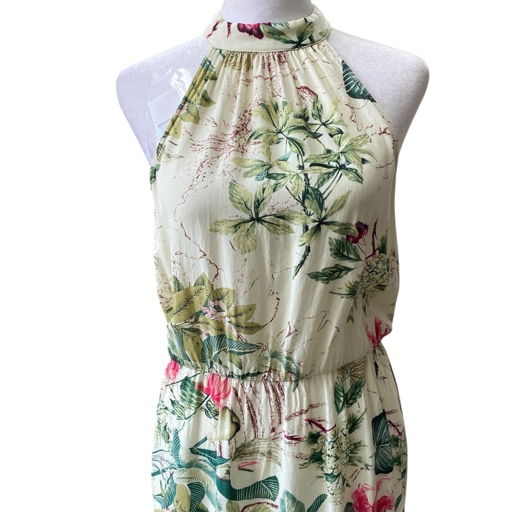 SHEIN Halter Maxi Tropical Floral side slit Dress - Green cream Pink Size L/M